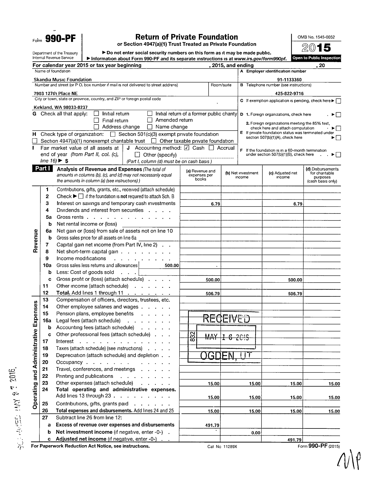 Image of first page of 2015 Form 990PF for Skandia Music Foundation