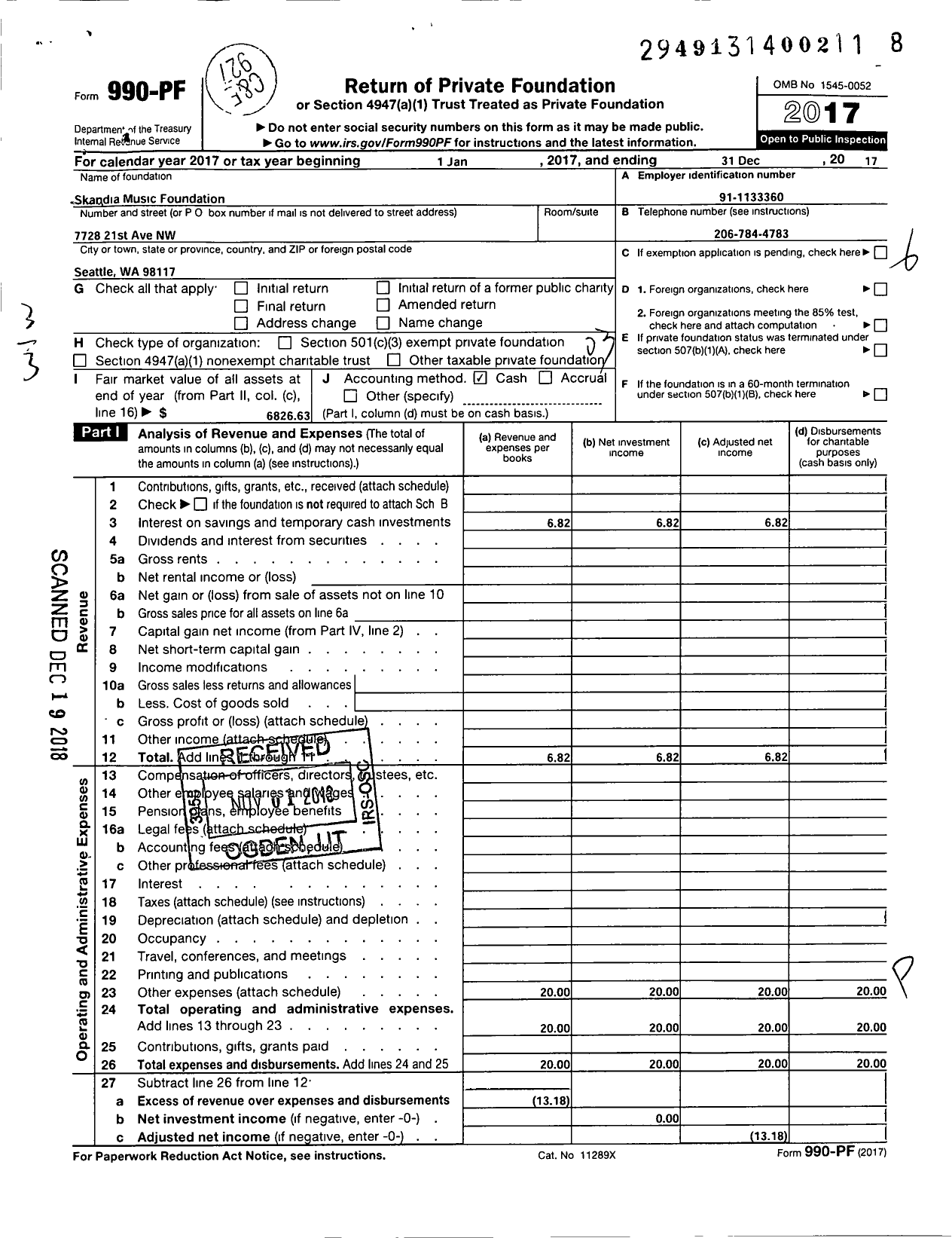 Image of first page of 2017 Form 990PF for Skandia Music Foundation