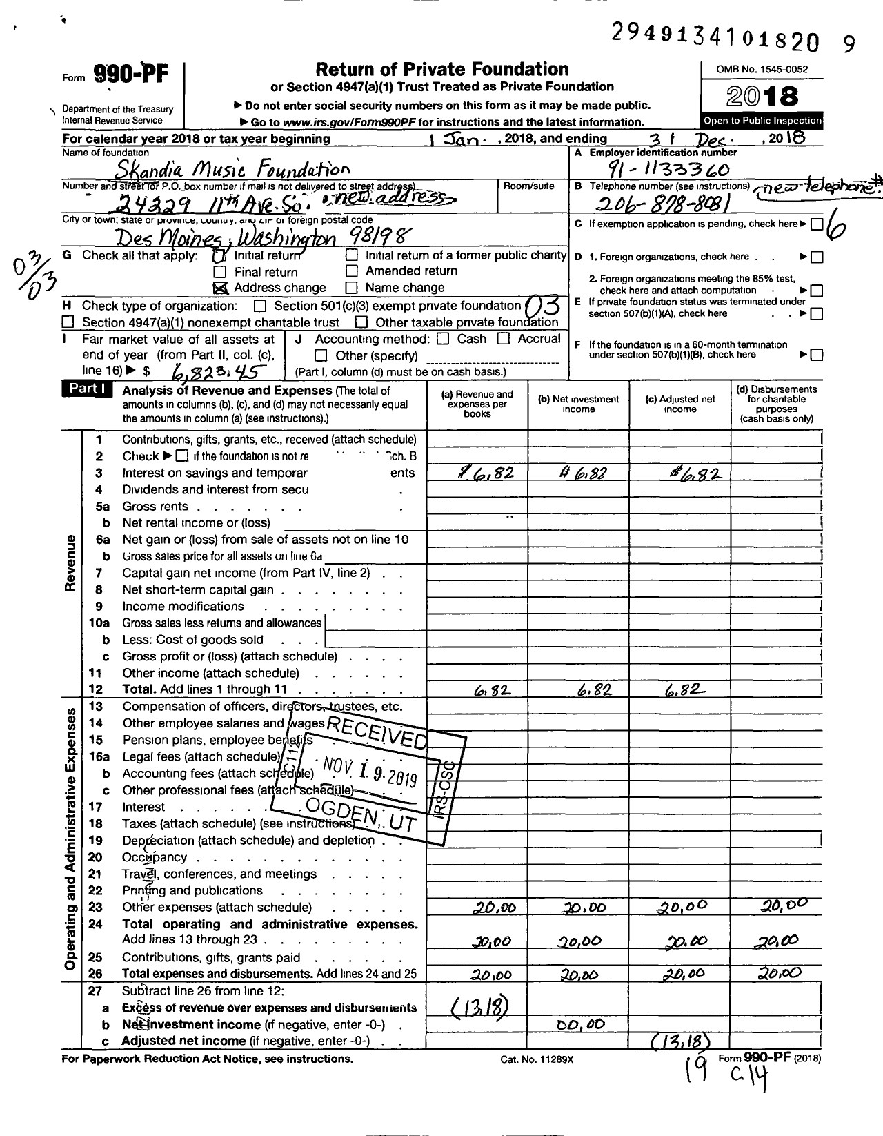 Image of first page of 2018 Form 990PF for Skandia Music Foundation