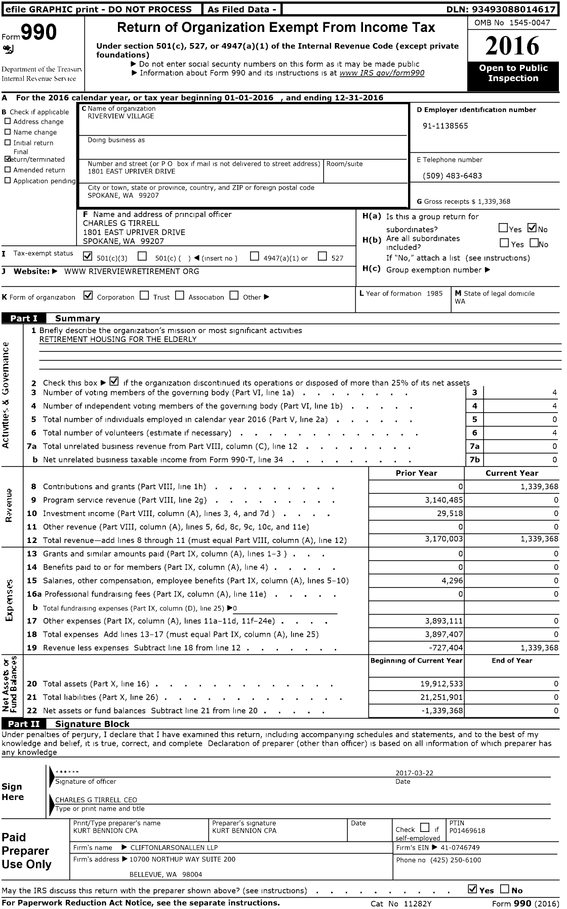 Image of first page of 2016 Form 990 for Riverview Village