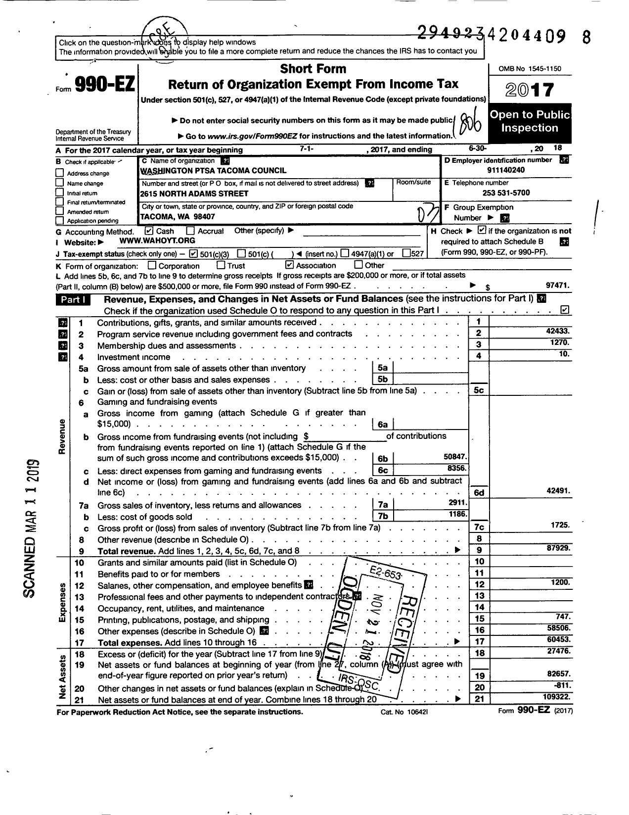 Image of first page of 2017 Form 990EZ for Washington Ptsa Tacoma Council