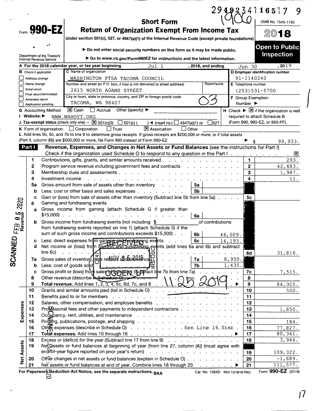 Image of first page of 2018 Form 990EZ for Washington Ptsa Tacoma Council