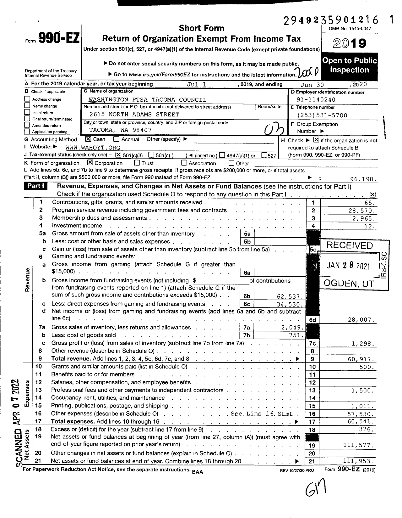 Image of first page of 2019 Form 990EZ for Washington Ptsa Tacoma Council