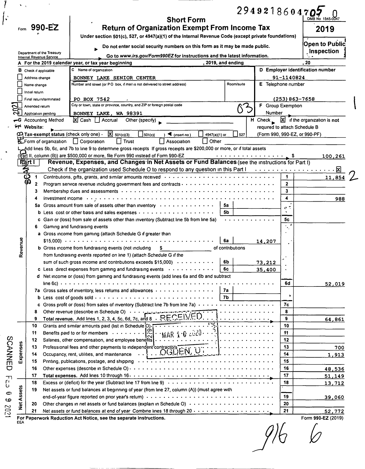 Image of first page of 2019 Form 990EZ for Bonney Lake Senior Center