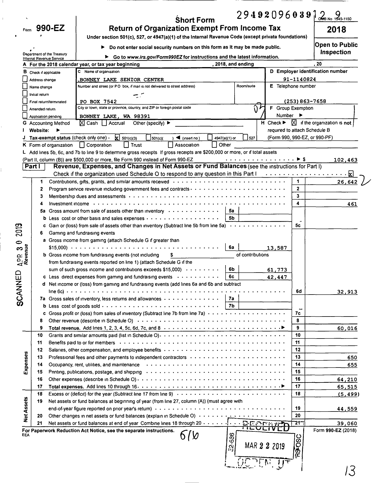 Image of first page of 2018 Form 990EZ for Bonney Lake Senior Center