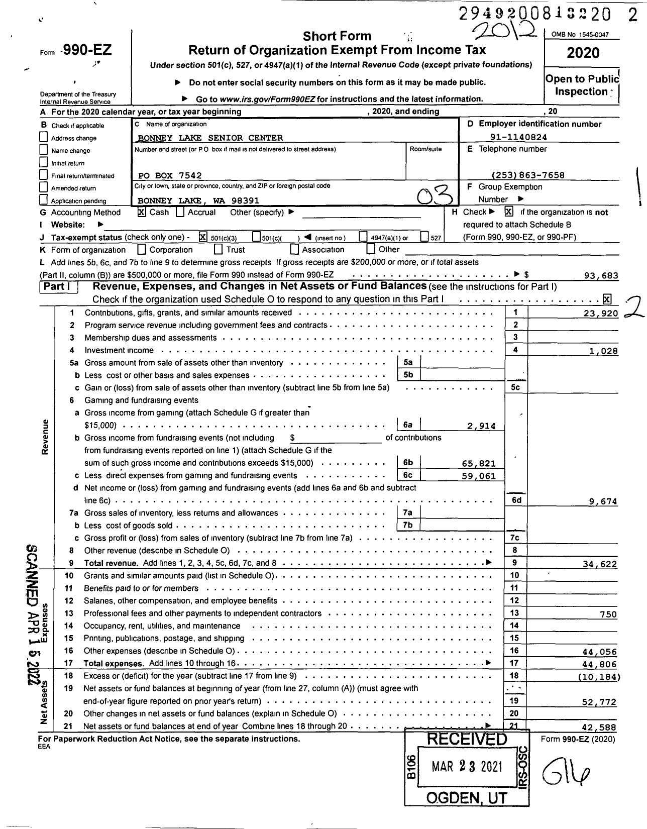 Image of first page of 2020 Form 990EZ for Bonney Lake Senior Center