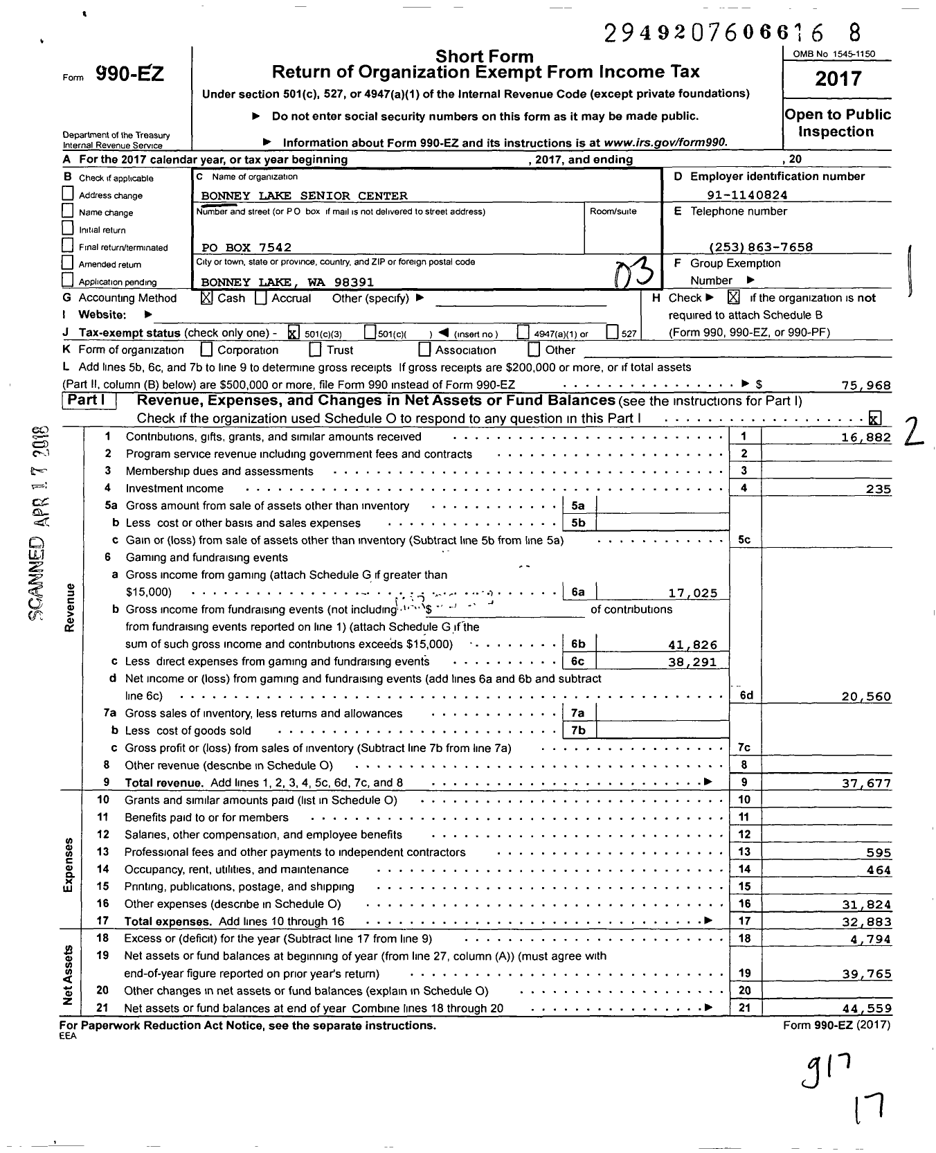 Image of first page of 2017 Form 990EZ for Bonney Lake Senior Center