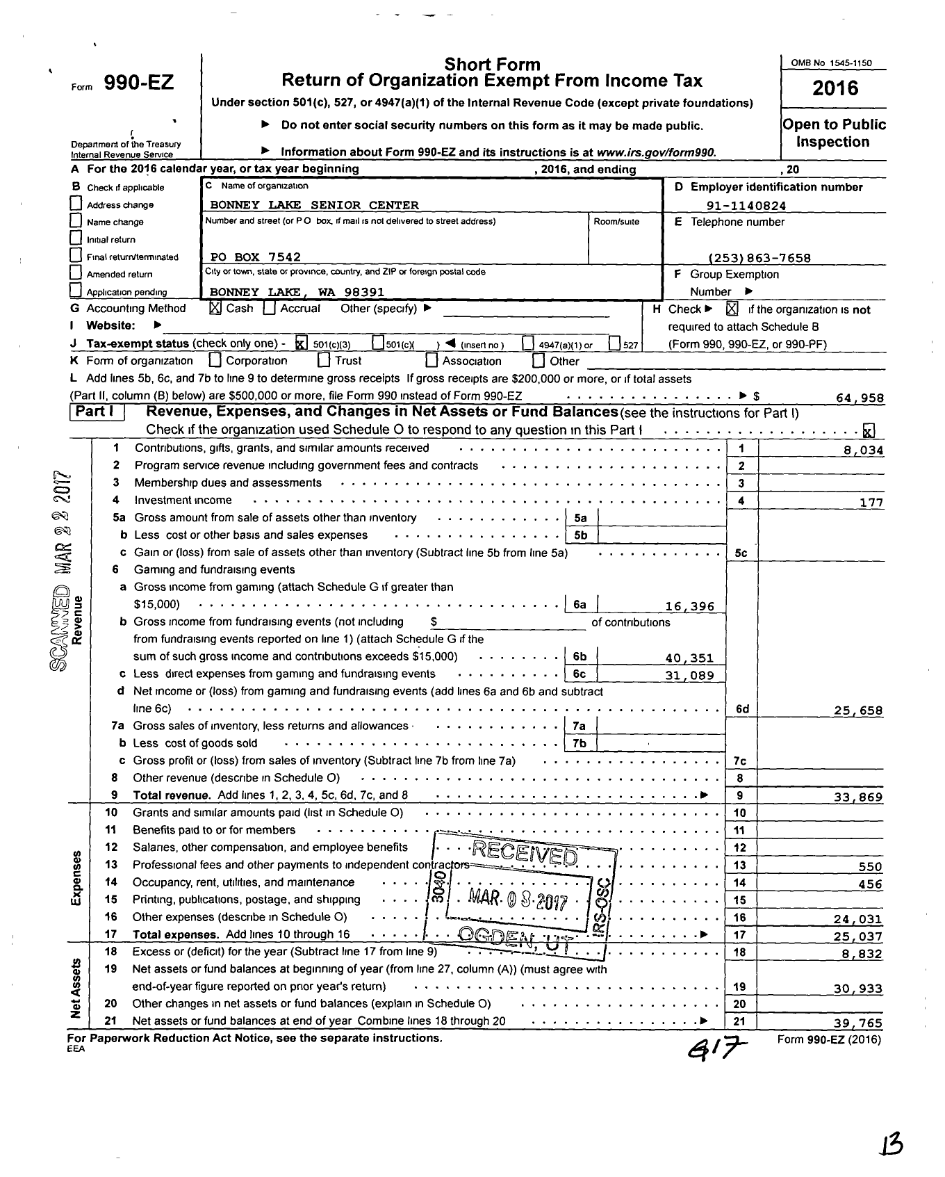 Image of first page of 2016 Form 990EZ for Bonney Lake Senior Center