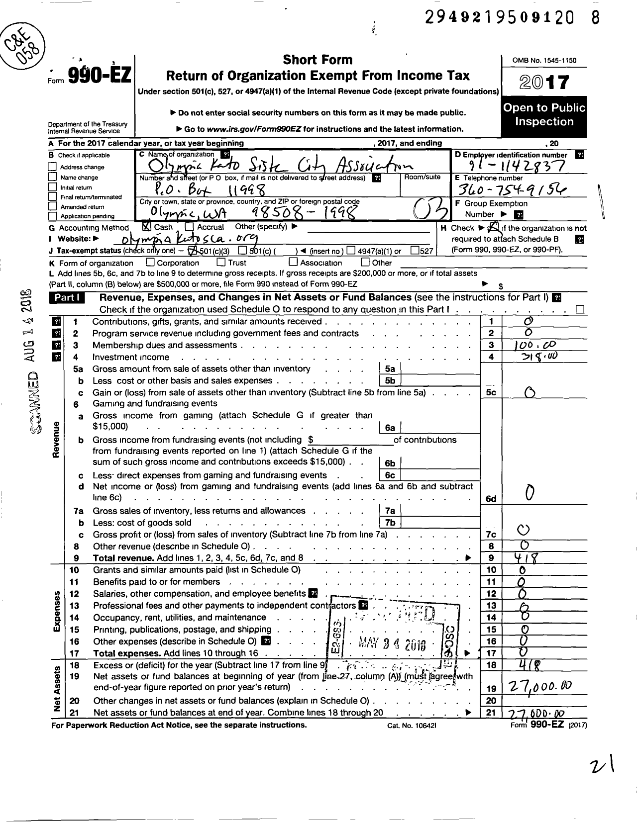 Image of first page of 2017 Form 990EZ for Olympia Yashiro Sister City Association