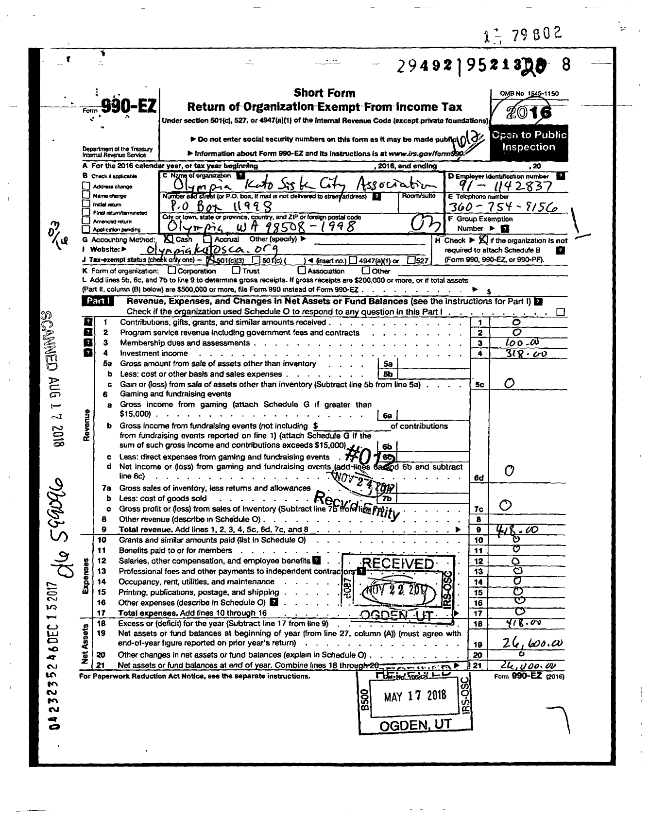 Image of first page of 2016 Form 990EZ for Olympia Yashiro Sister City Association