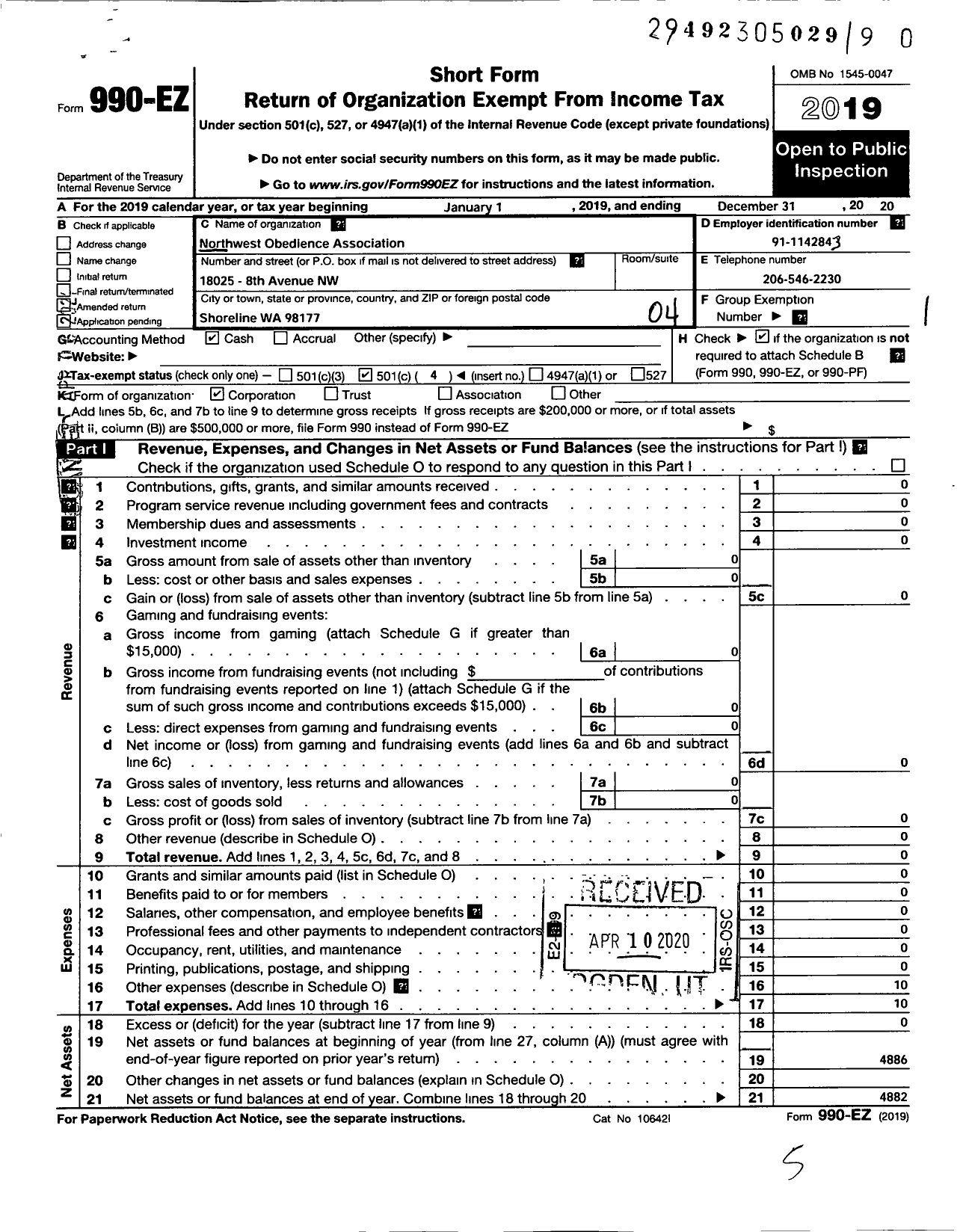 Image of first page of 2019 Form 990EO for Northwest Obedience Association