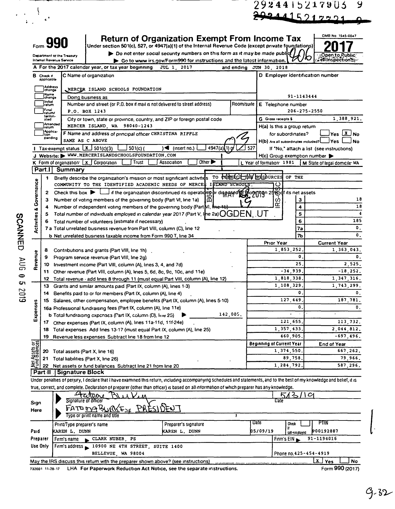 Image of first page of 2017 Form 990 for Mercer Island Schools Foundation