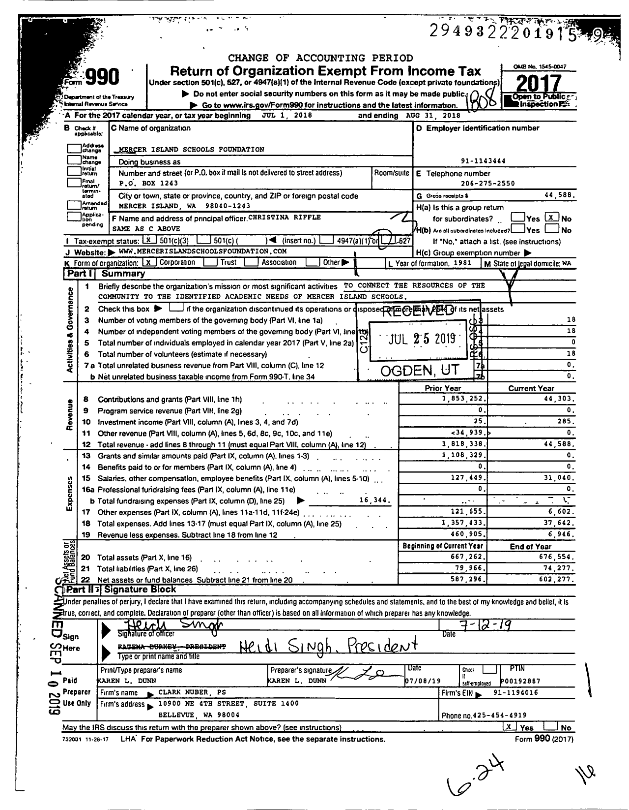 Image of first page of 2017 Form 990 for Mercer Island Schools Foundation