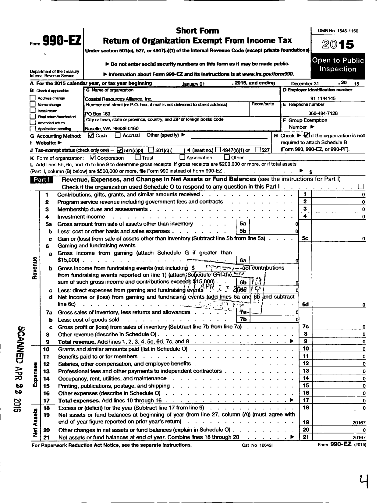 Image of first page of 2015 Form 990EZ for Coastal Resources Alliance