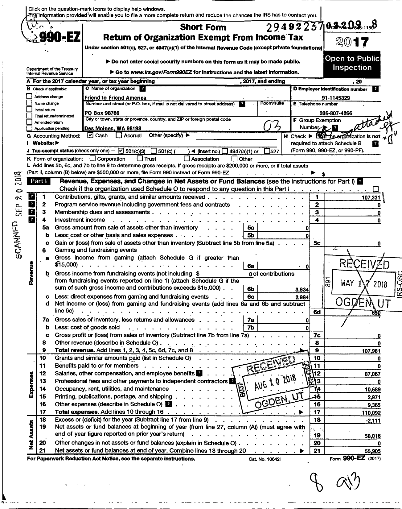 Image of first page of 2017 Form 990EZ for Friend to Friend-America