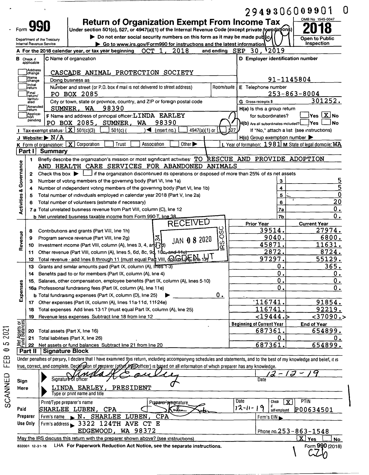 Image of first page of 2018 Form 990 for Cascade Animal Protection Society