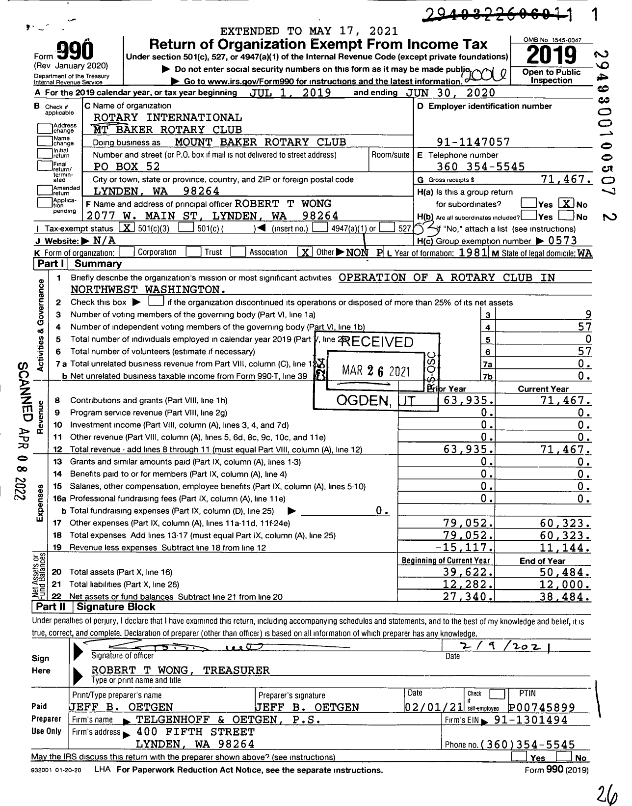 Image of first page of 2019 Form 990 for Rotary International - Mount Baker Rotary Club