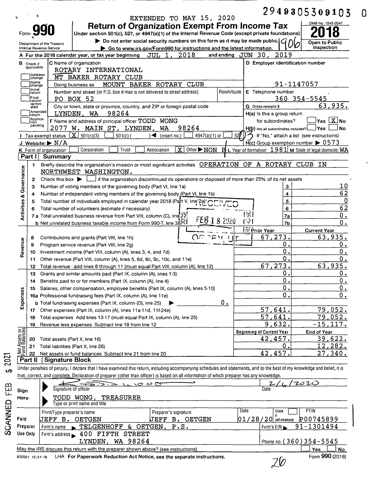 Image of first page of 2018 Form 990 for Rotary International - Mount Baker Rotary Club