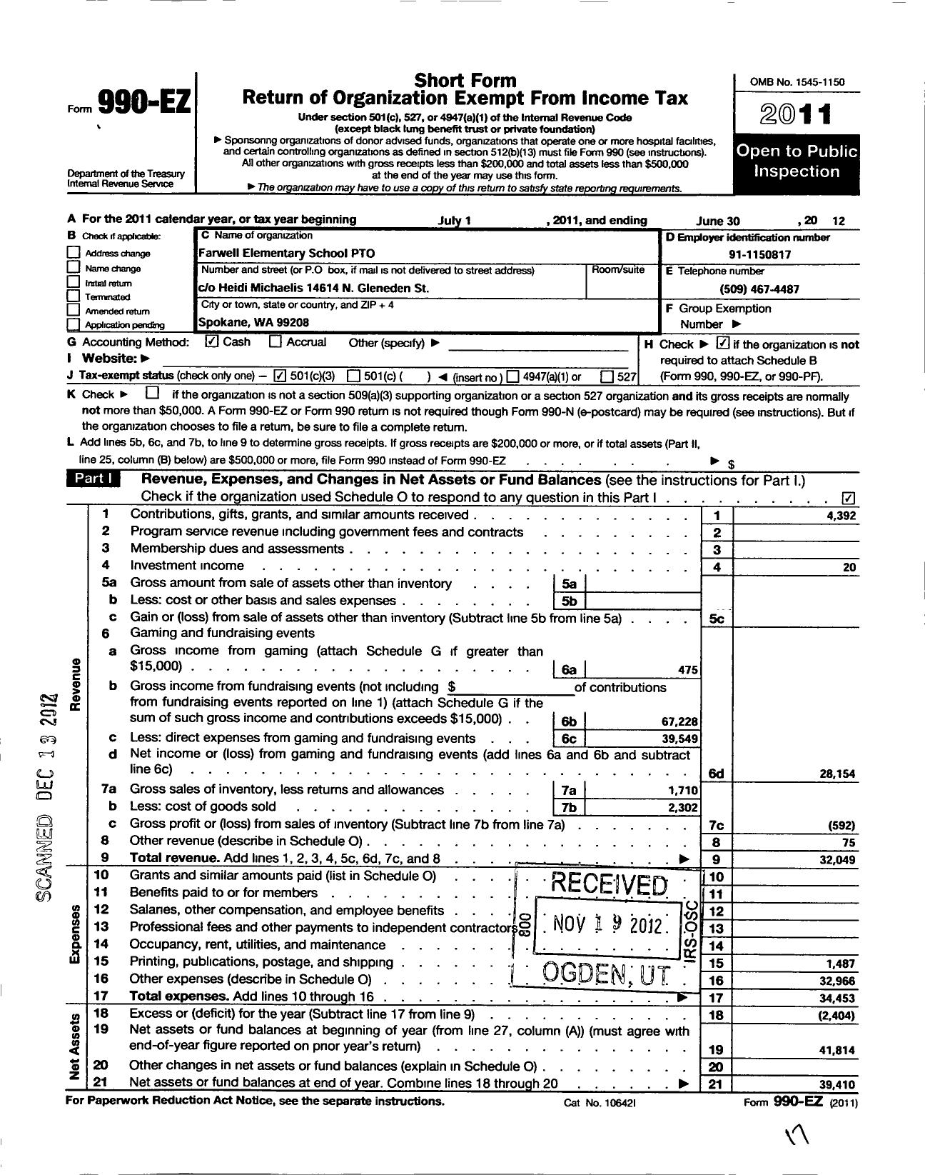 Image of first page of 2011 Form 990EZ for Farwell Elementary School Pto