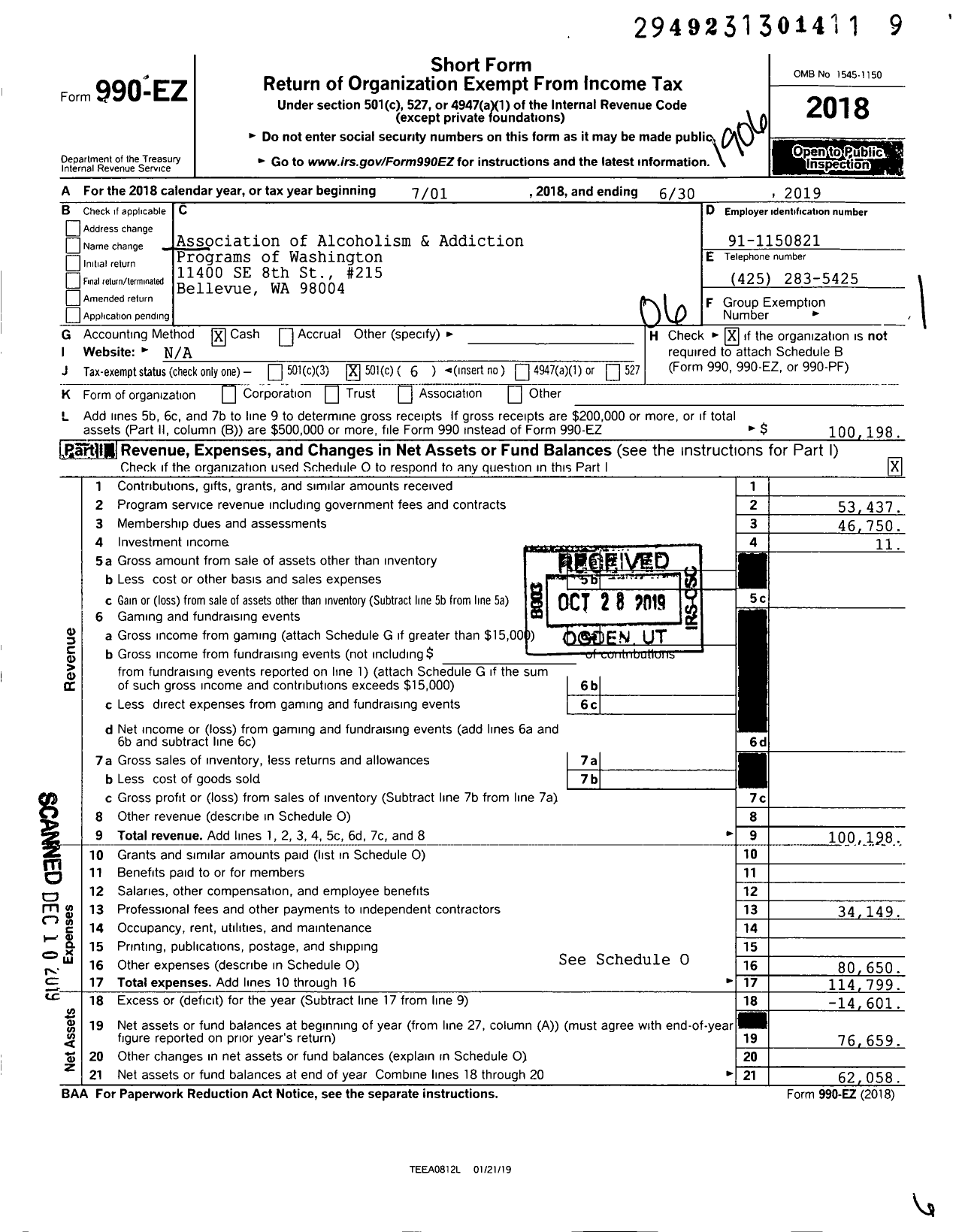 Image of first page of 2018 Form 990EO for Association of Alcoholism and Addiction Programs of Washington