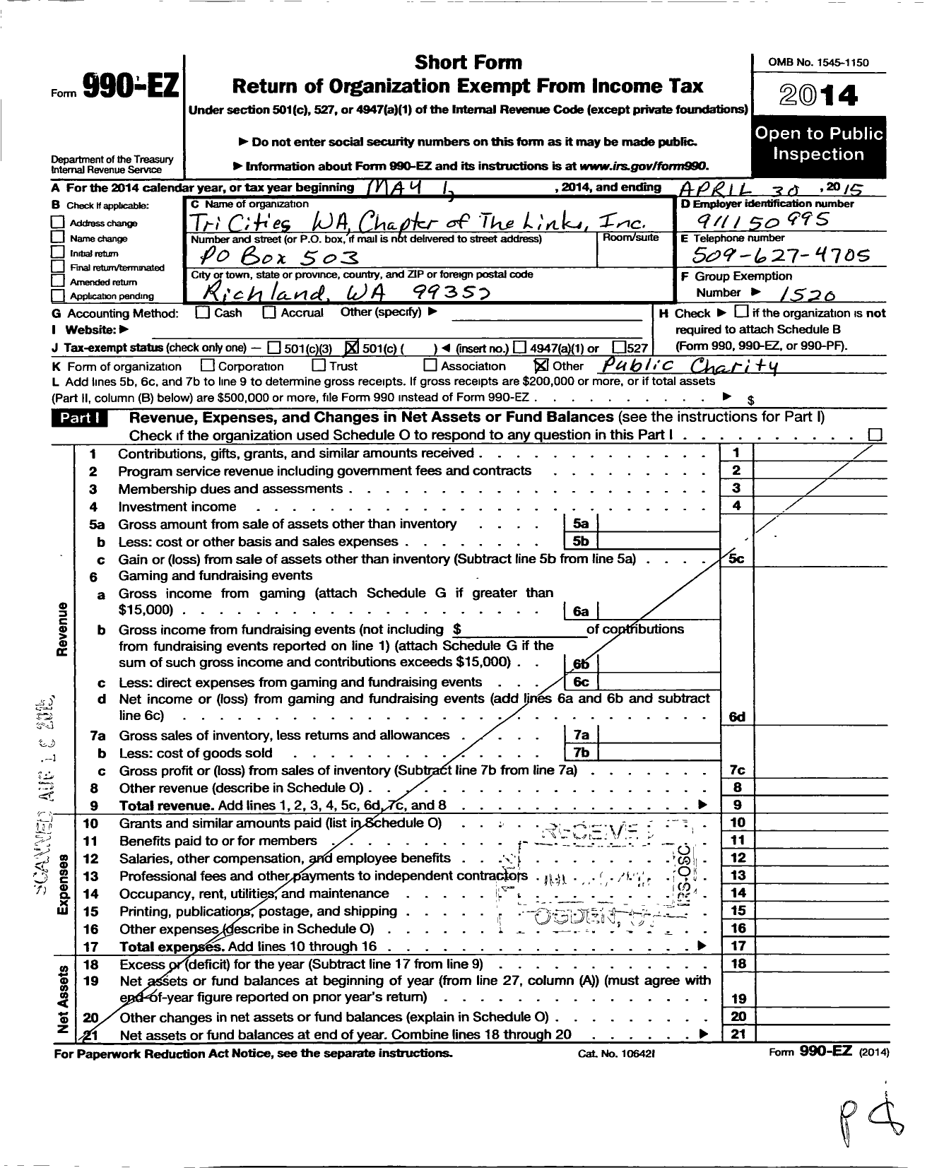 Image of first page of 2014 Form 990EO for Tri-Cities WA Chapter of the Links Incorporated