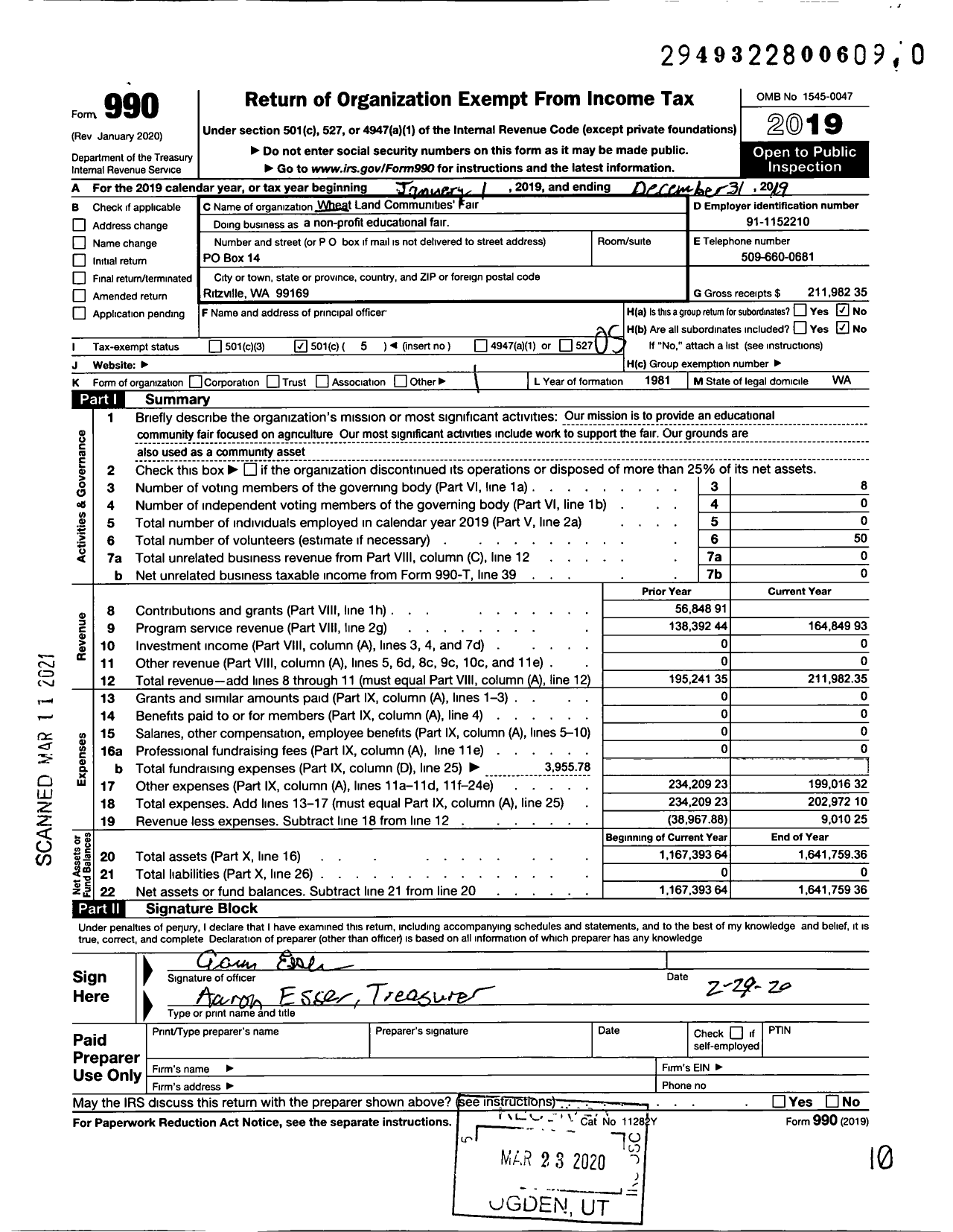 Image of first page of 2019 Form 990O for Wheat Land Communities' Fair Association