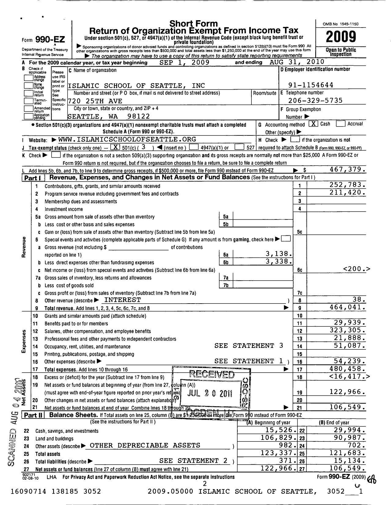 Image of first page of 2009 Form 990EZ for Islamic School of Seattle Farhia Hersi