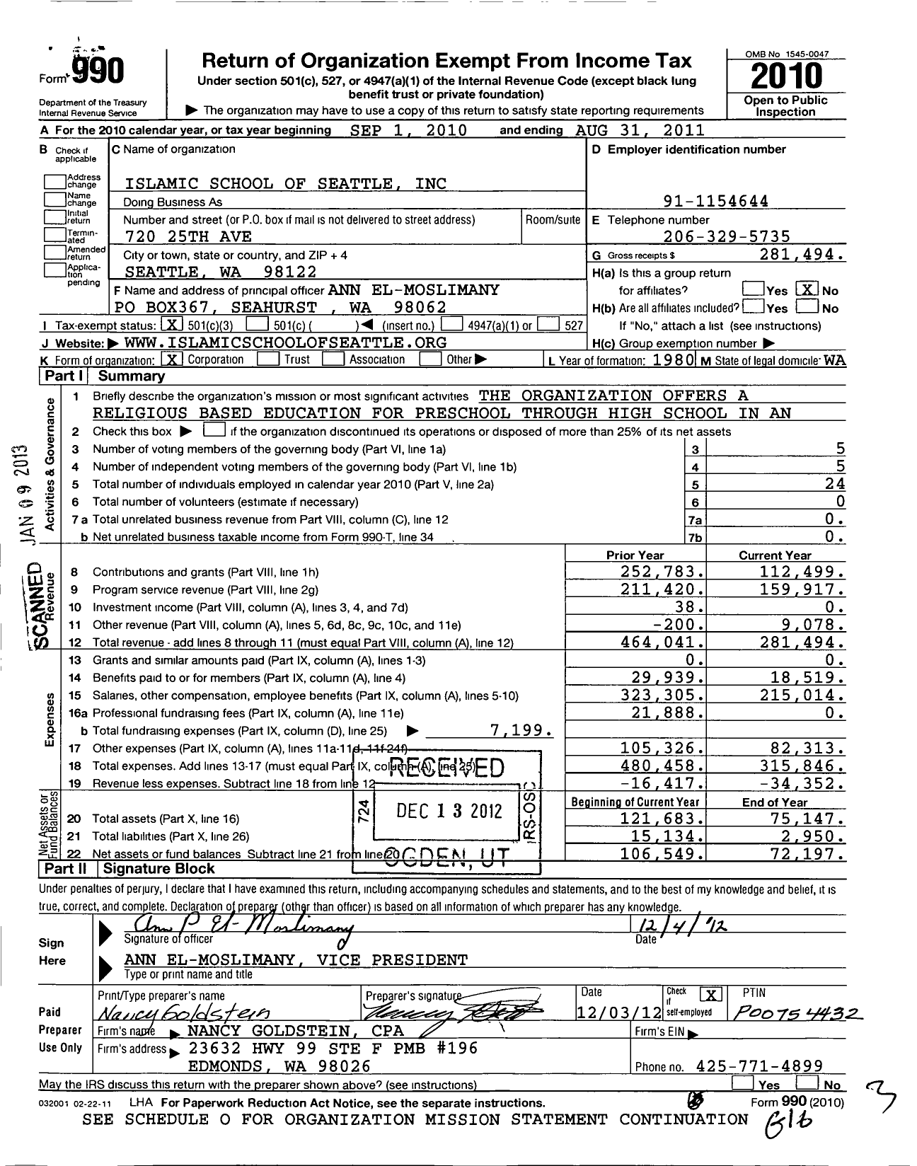 Image of first page of 2010 Form 990 for Islamic School of Seattle Farhia Hersi