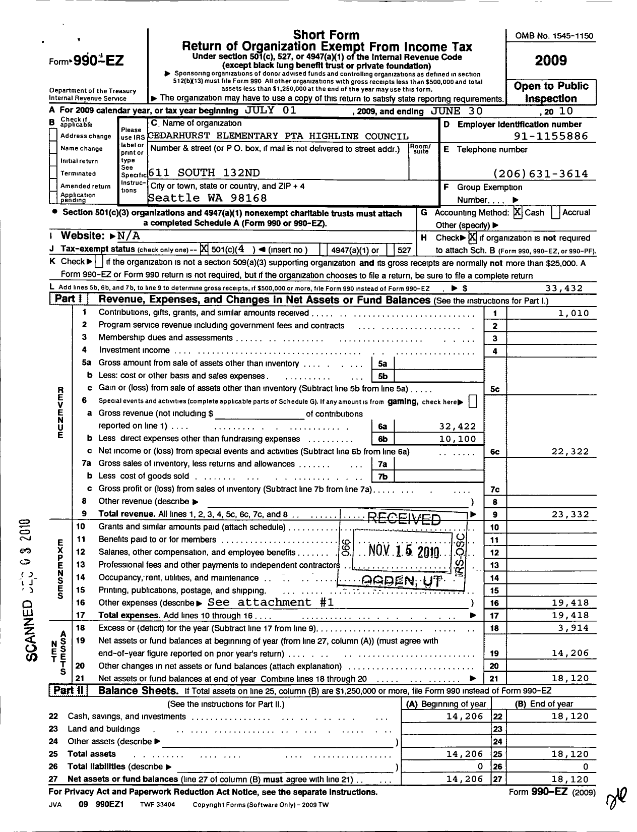 Image of first page of 2009 Form 990EO for Cedarhurst Elementary PTA