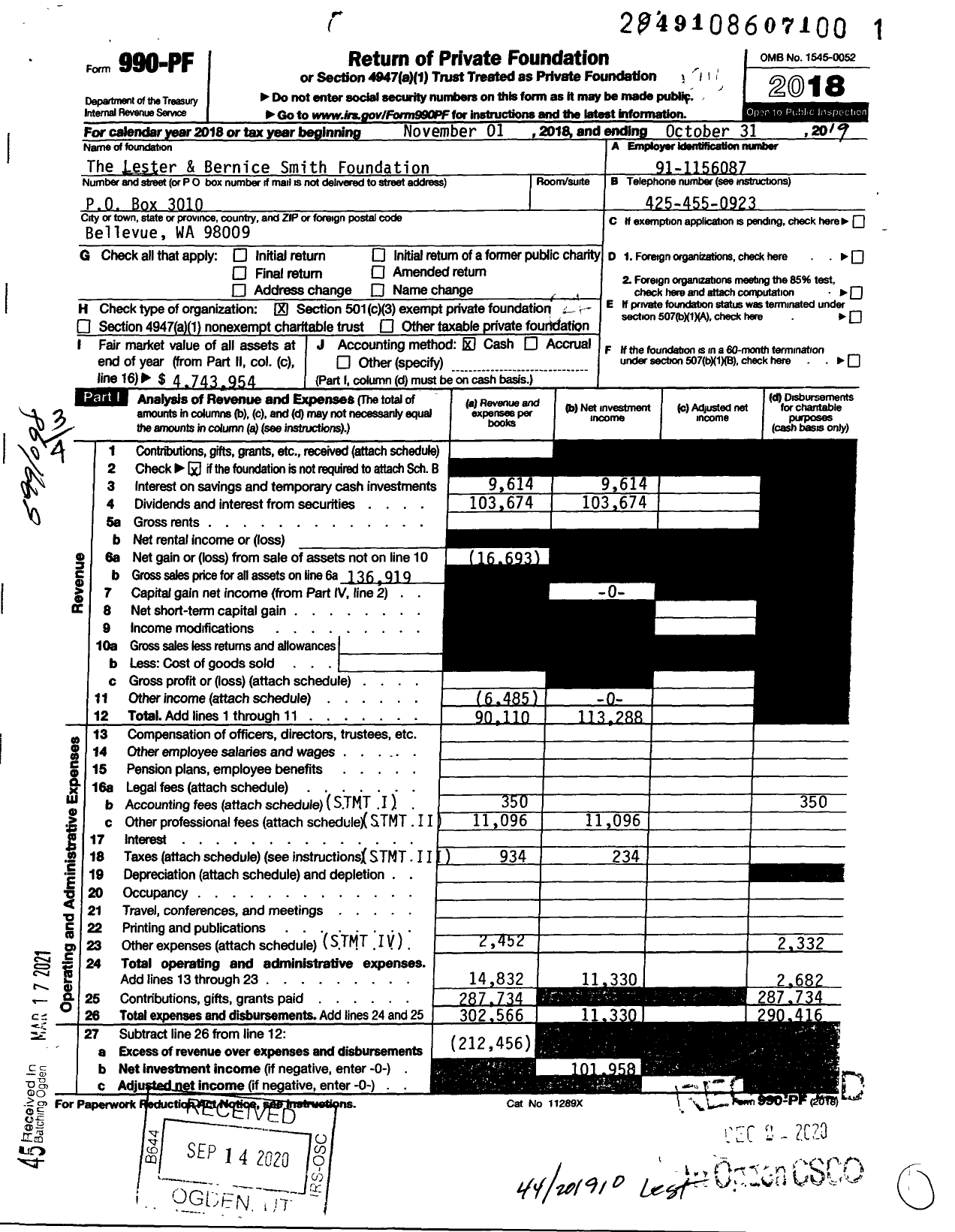 Image of first page of 2018 Form 990PF for The Lester and Bernice Smith Foundation