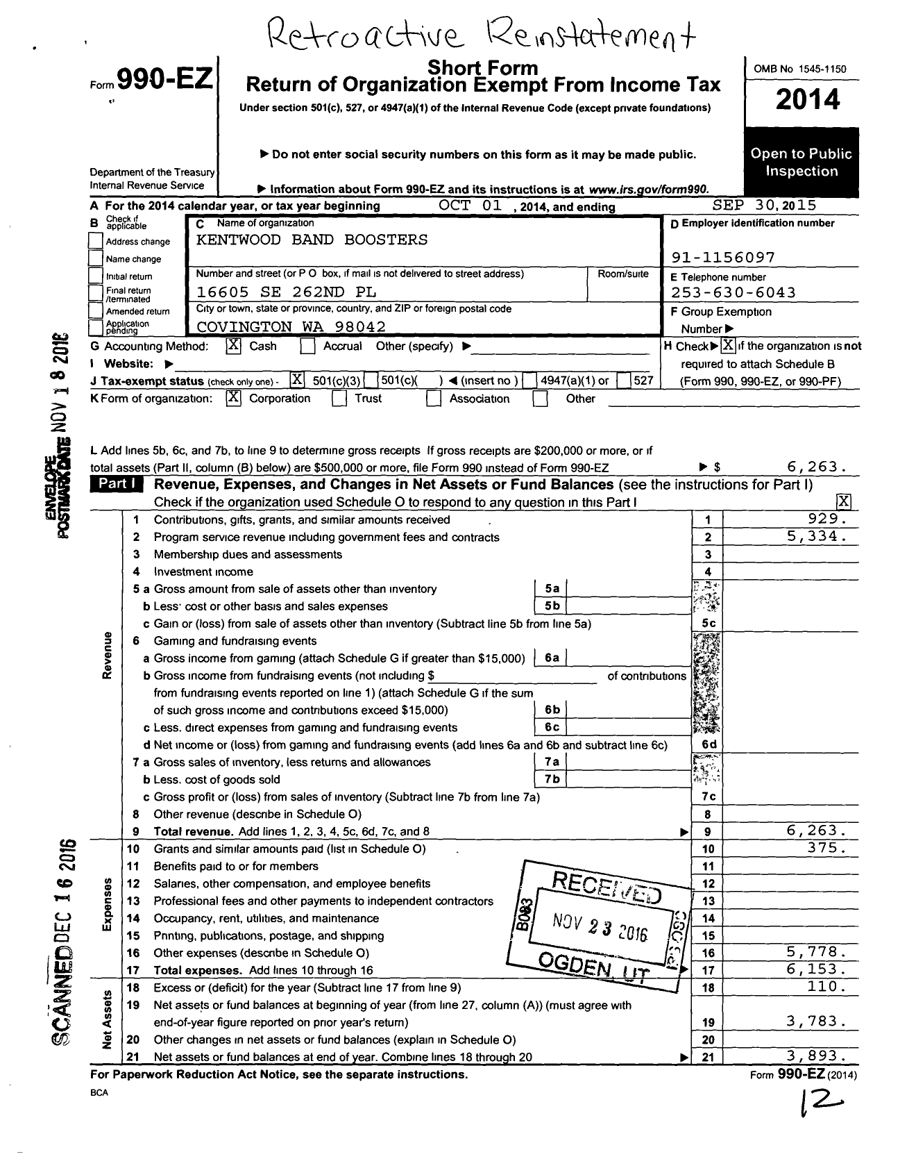 Image of first page of 2014 Form 990EZ for Kentwood Band Booster