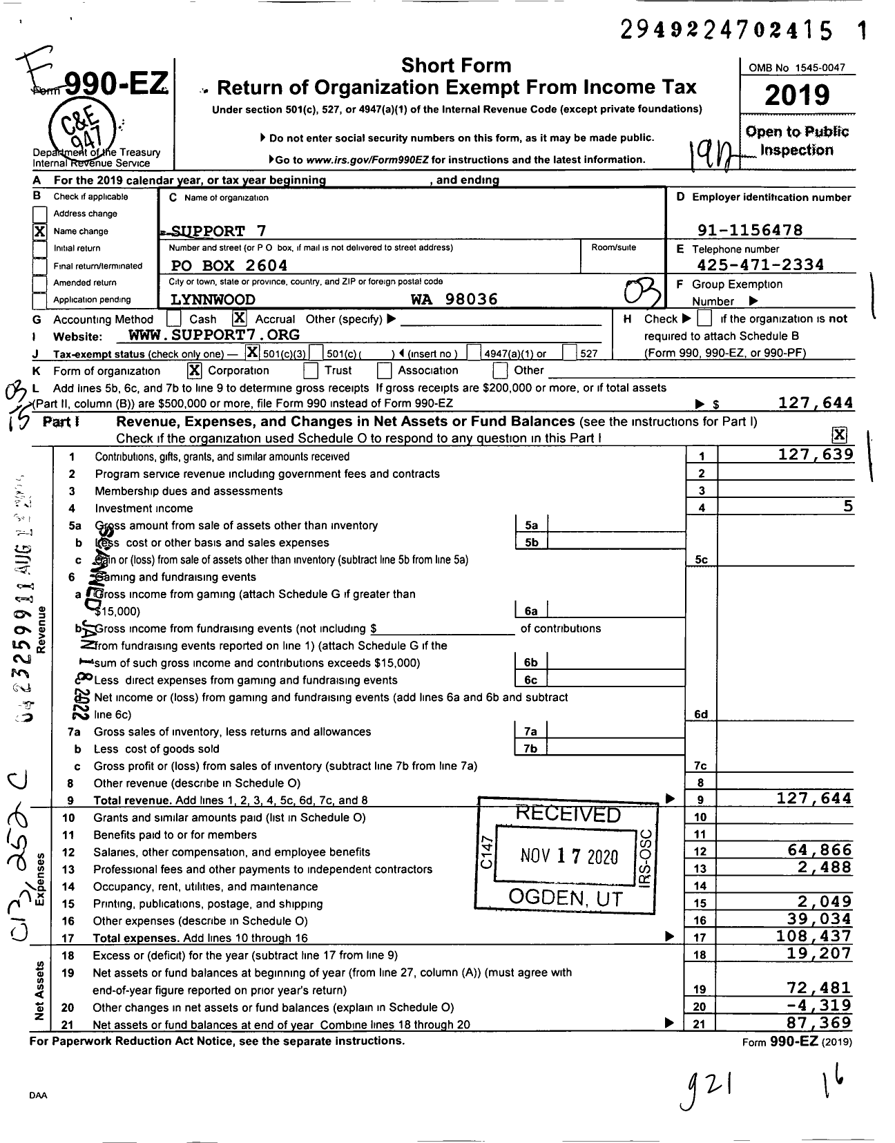 Image of first page of 2019 Form 990EZ for Support 7