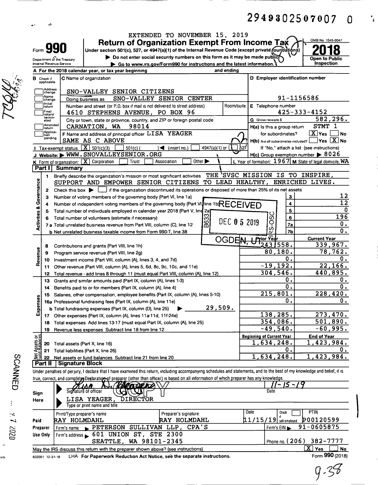 Image of first page of 2018 Form 990 for Sno-Valley Senior Center