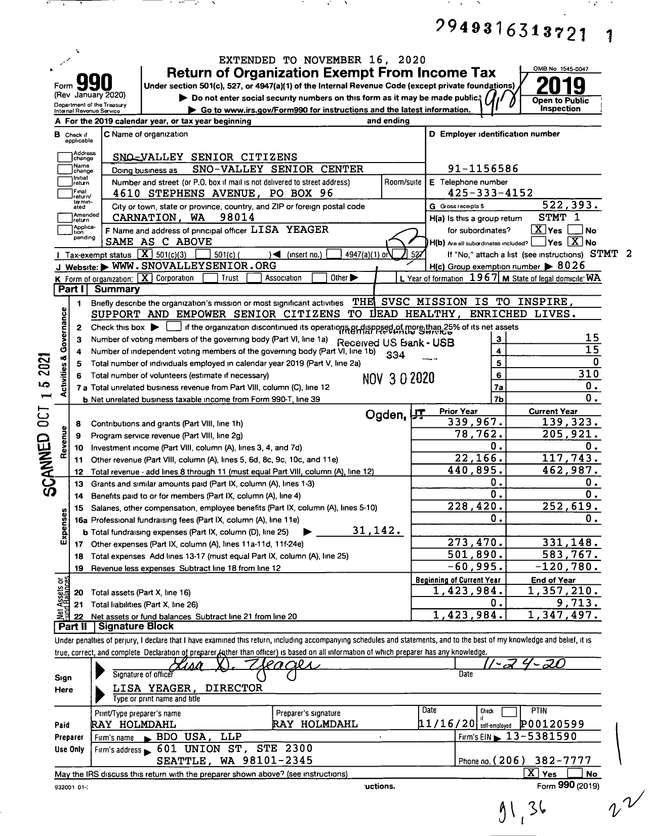 Image of first page of 2019 Form 990 for Sno-Valley Senior Center