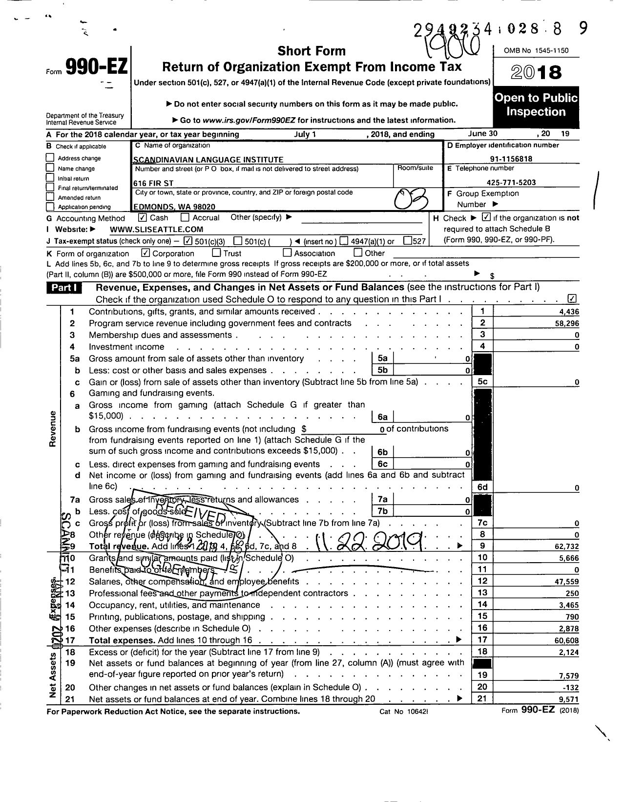 Image of first page of 2018 Form 990EZ for Scandinavian Language Institute