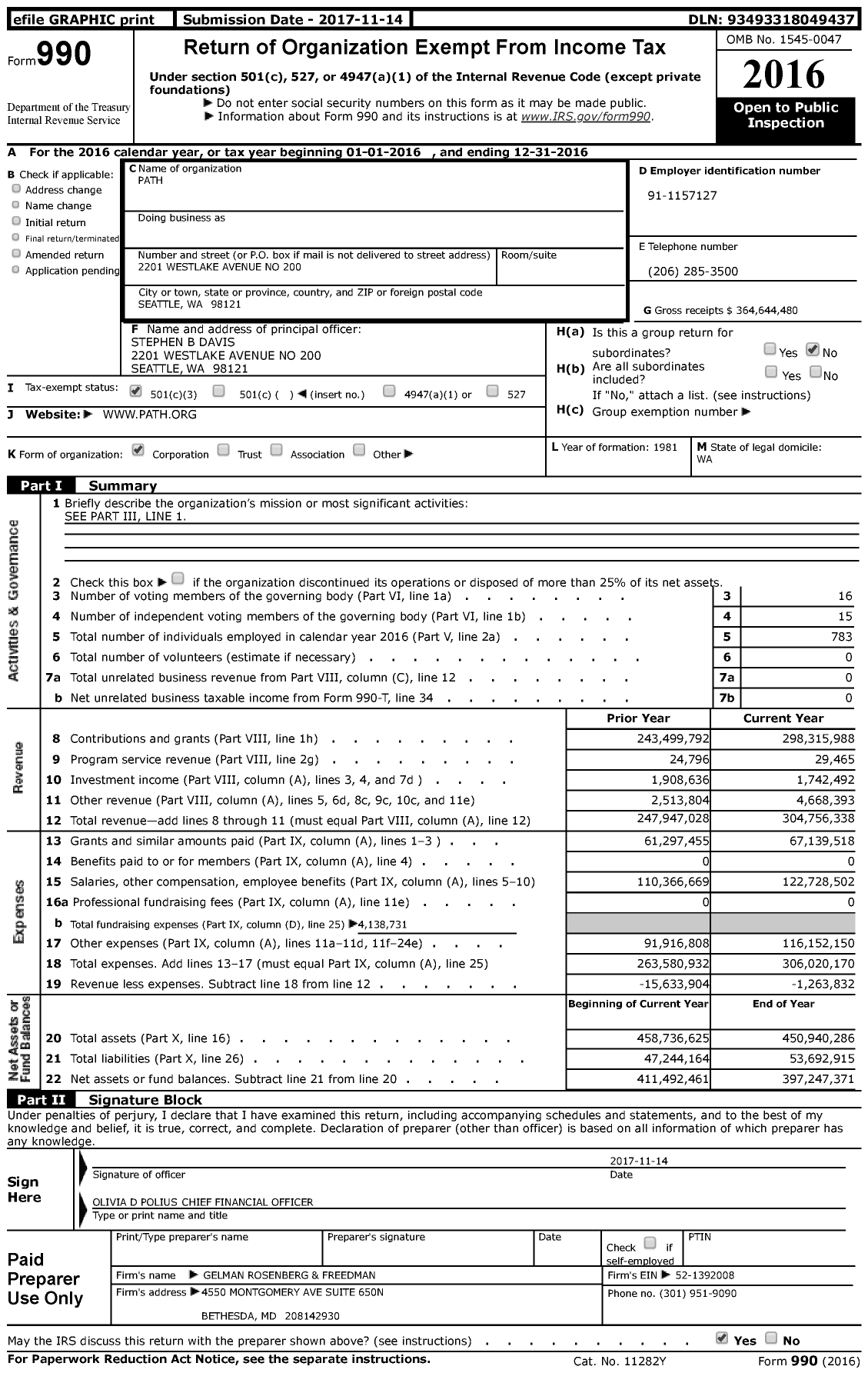 Image of first page of 2016 Form 990 for Program for Appropriate Technology in Health Path (PATH)