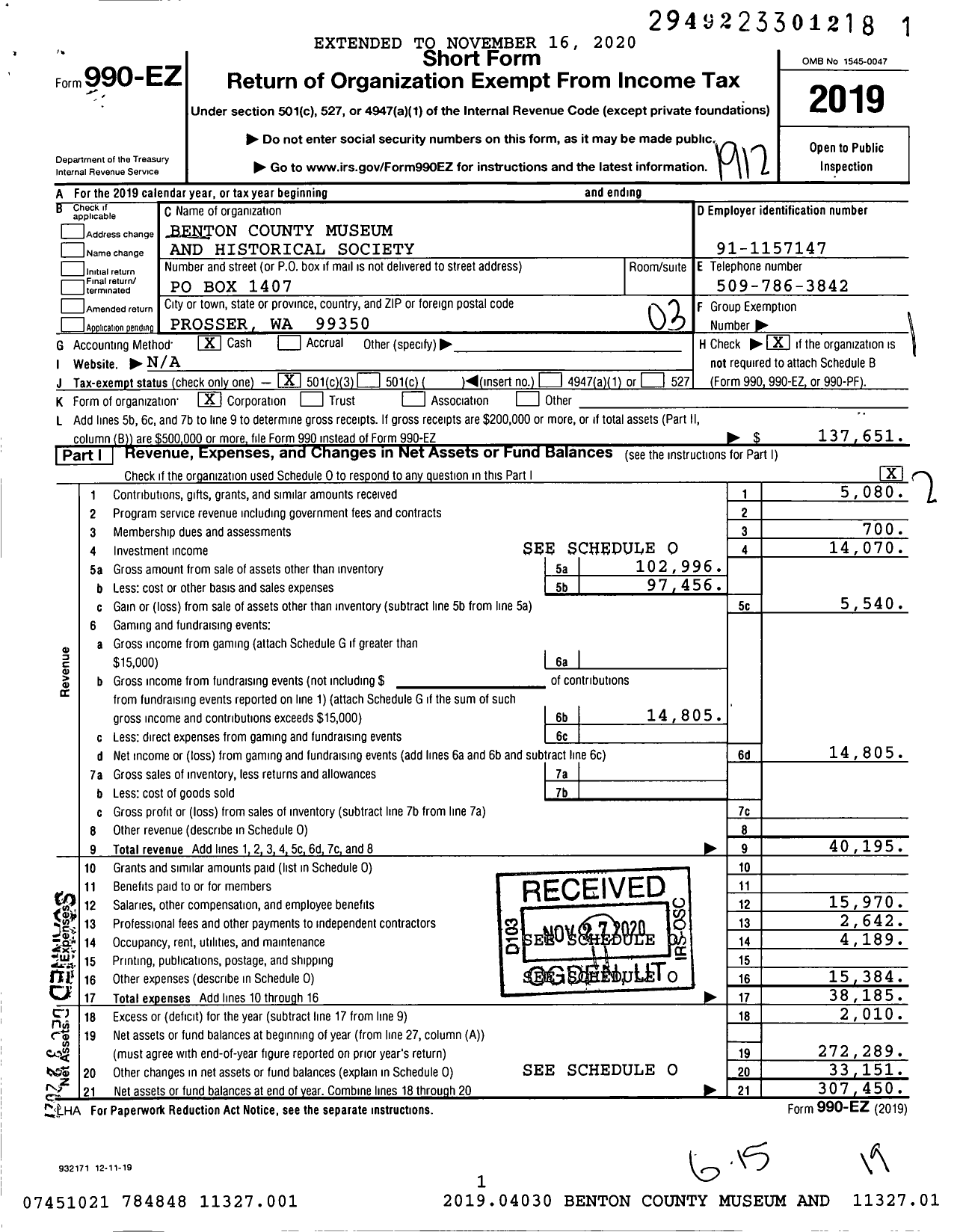 Image of first page of 2019 Form 990EZ for Benton County Museum and Historical Society