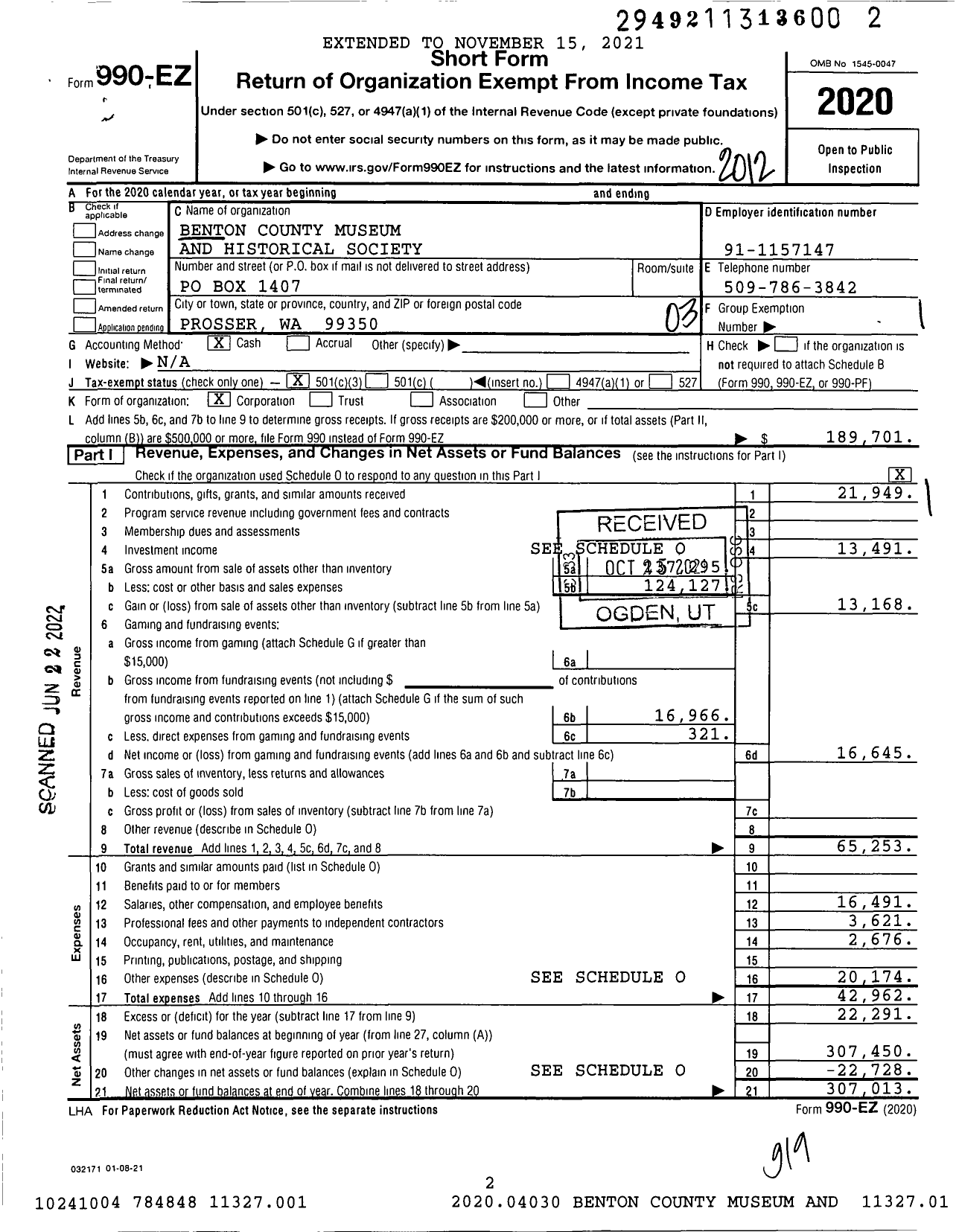 Image of first page of 2020 Form 990EZ for Benton County Museum and Historical Society