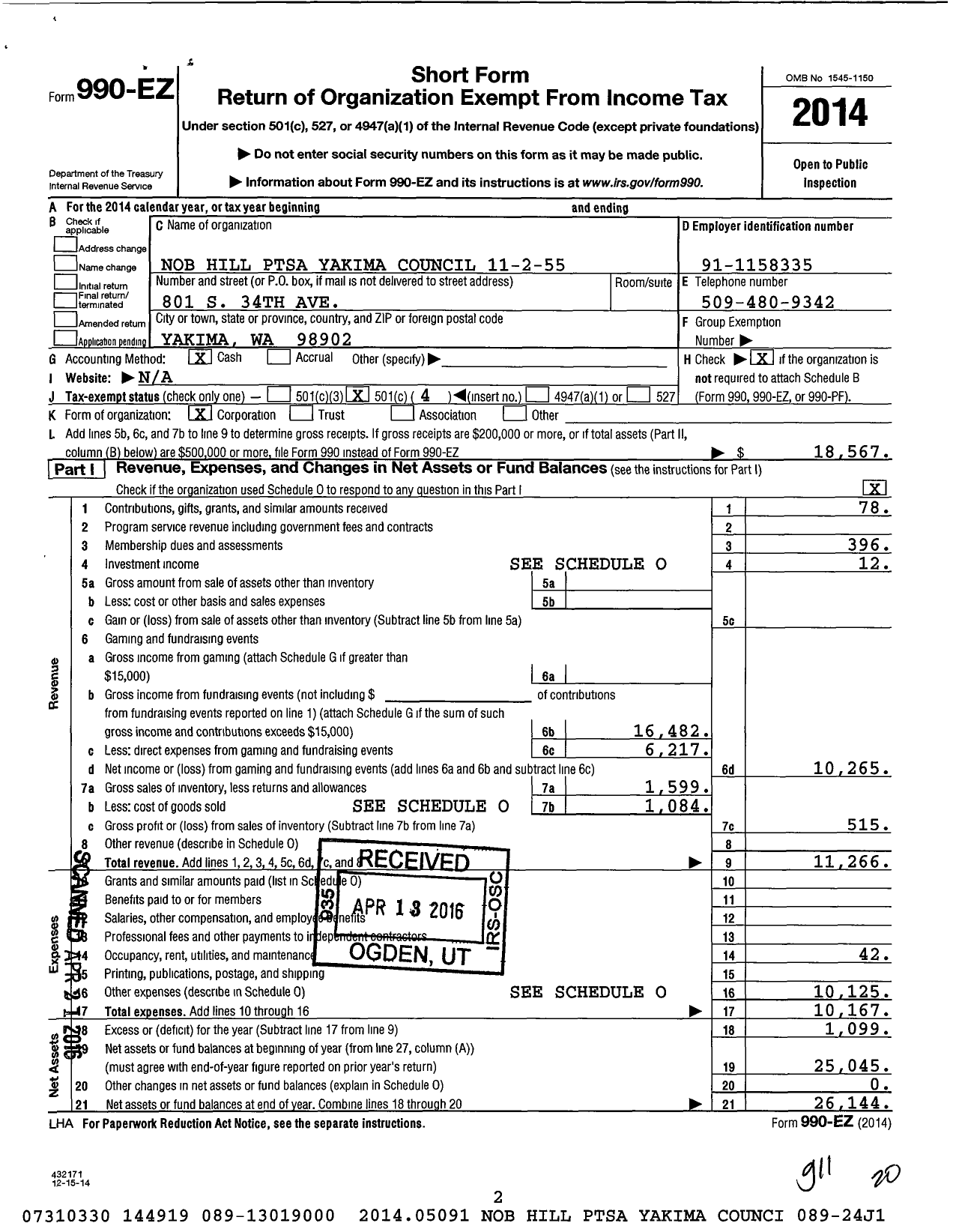 Image of first page of 2014 Form 990EO for Nob Hill P T S A Yakima Council 11-2-55