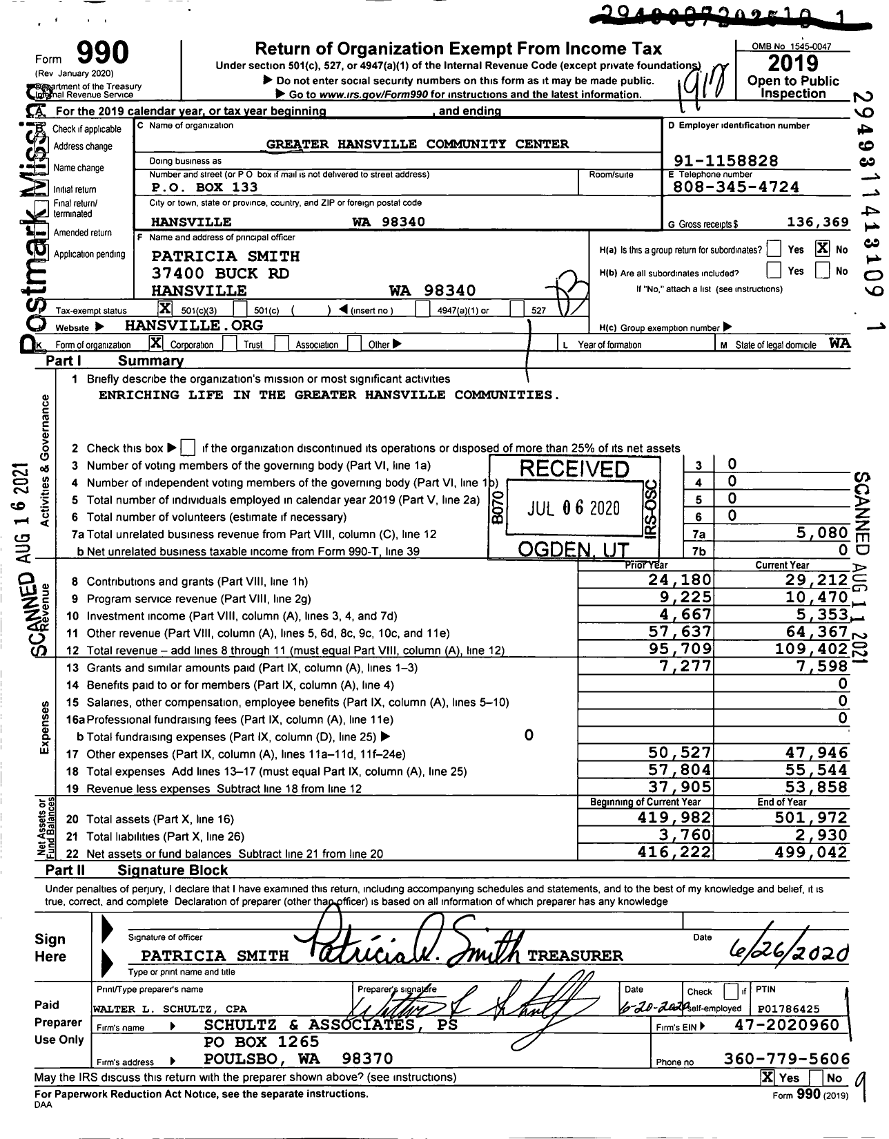 Image of first page of 2019 Form 990 for Greater Hansville Community Center