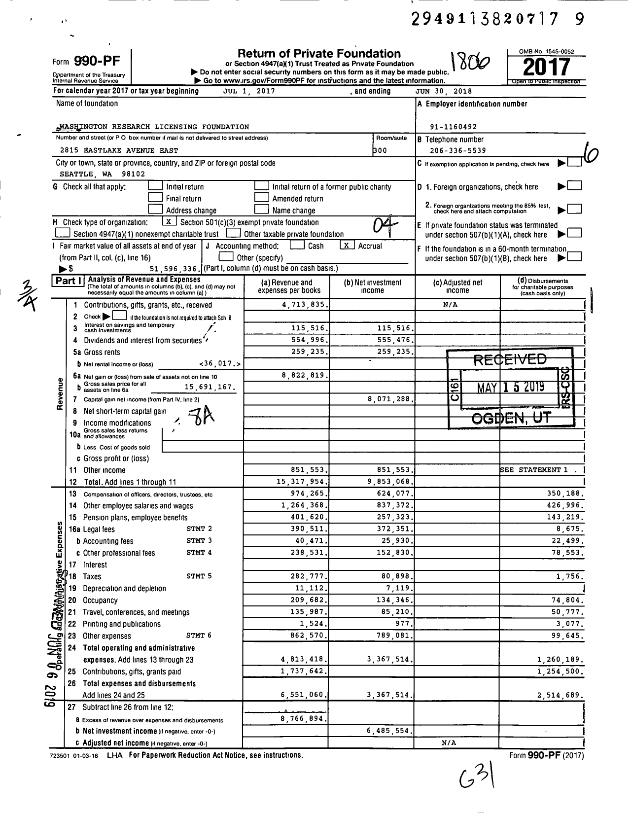 Image of first page of 2017 Form 990PF for Washington Research Licensing Foundation (WRF)