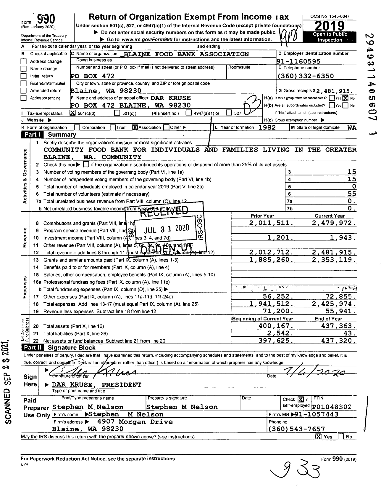 Image of first page of 2019 Form 990 for Blaine Food Bank Association