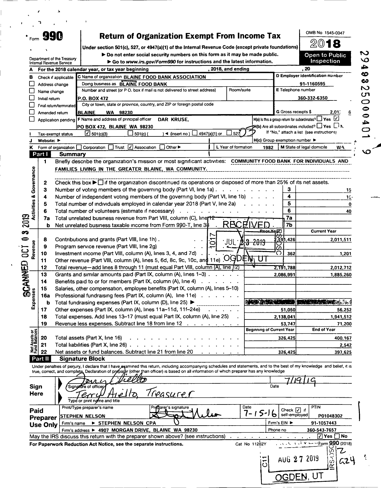 Image of first page of 2018 Form 990 for Blaine Food Bank Association