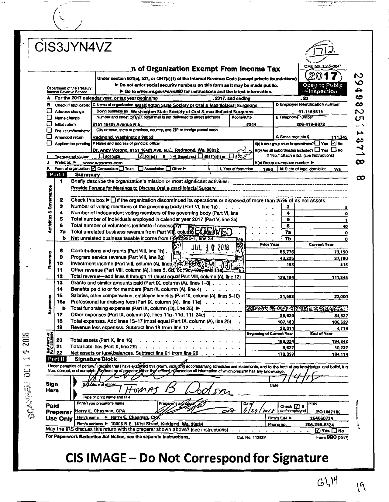 Image of first page of 2017 Form 990O for Washington State Society of Oral and Maxillofacial Surgeons