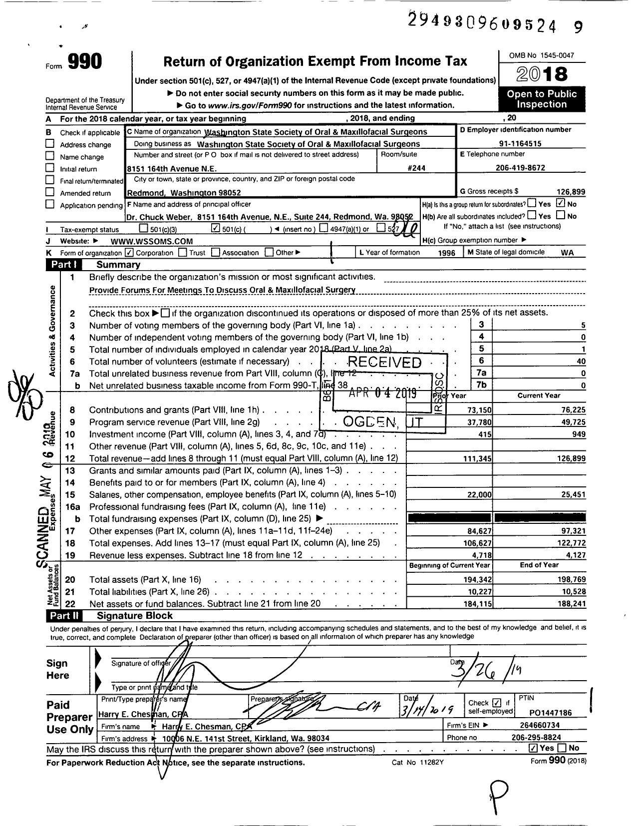 Image of first page of 2018 Form 990O for Washington State Society of Oral and Maxillofacial Surgeons