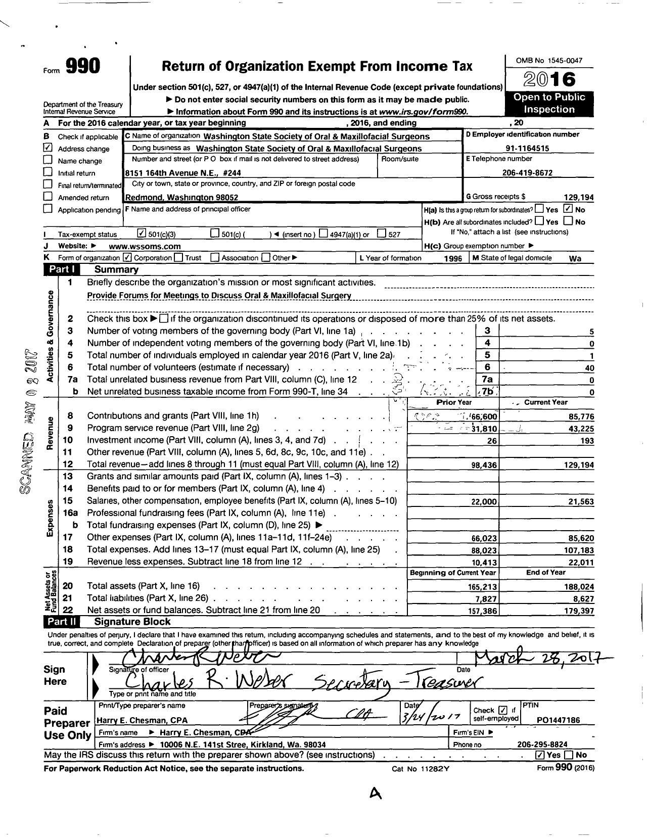 Image of first page of 2016 Form 990 for Washington State Society of Oral and Maxillofacial Surgeons