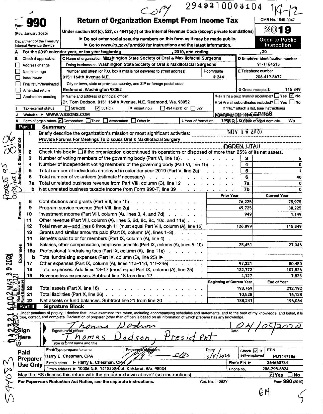 Image of first page of 2019 Form 990O for Washington State Society of Oral and Maxillofacial Surgeons