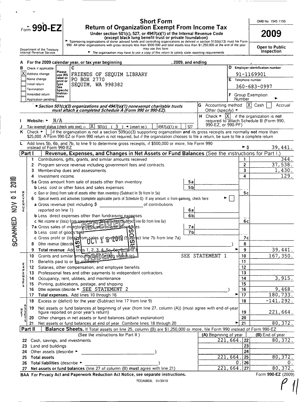 Image of first page of 2009 Form 990EZ for Friends of the Sequim-Dungeness Library