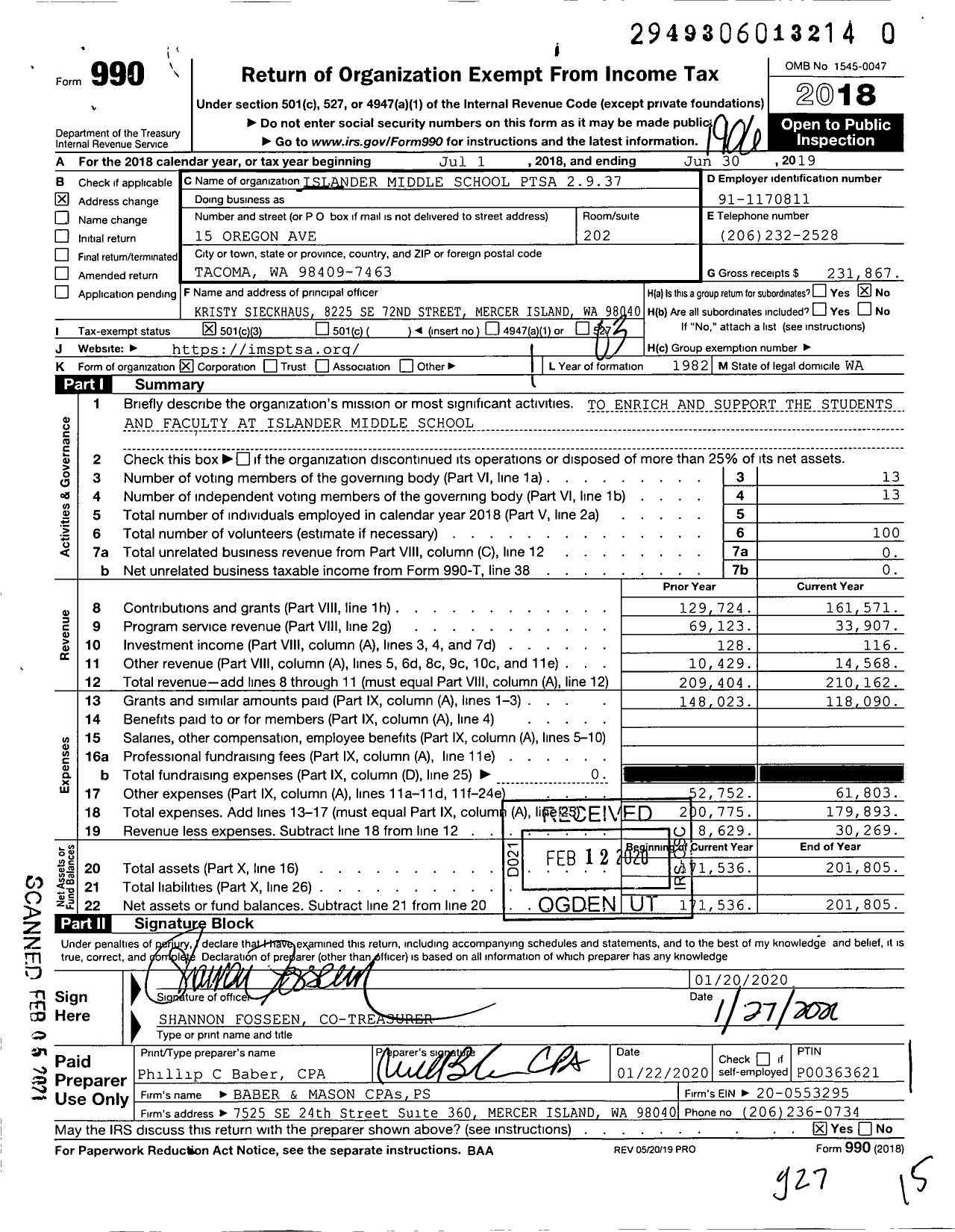 Image of first page of 2018 Form 990 for Islander Middle School Ptsa 2937