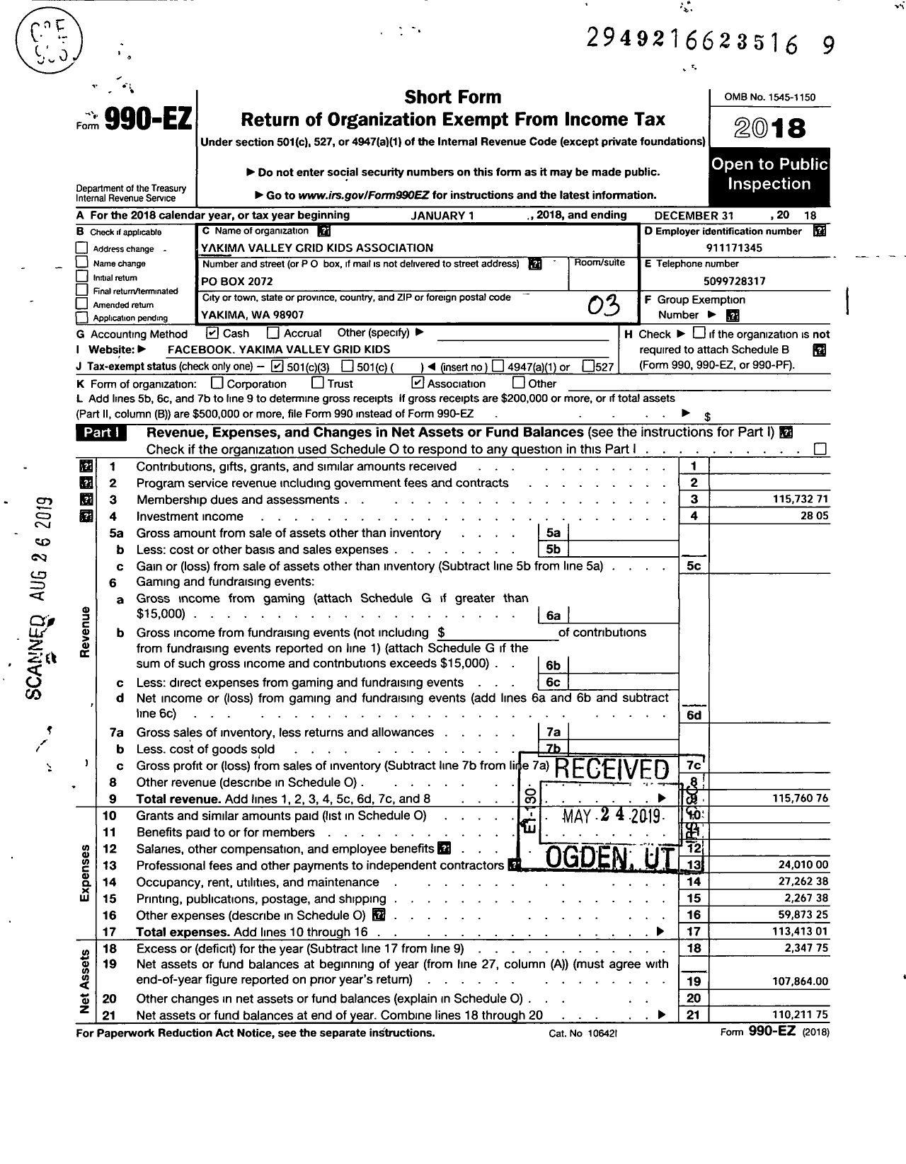 Image of first page of 2018 Form 990EZ for Yakima Valley Grid Kids Association